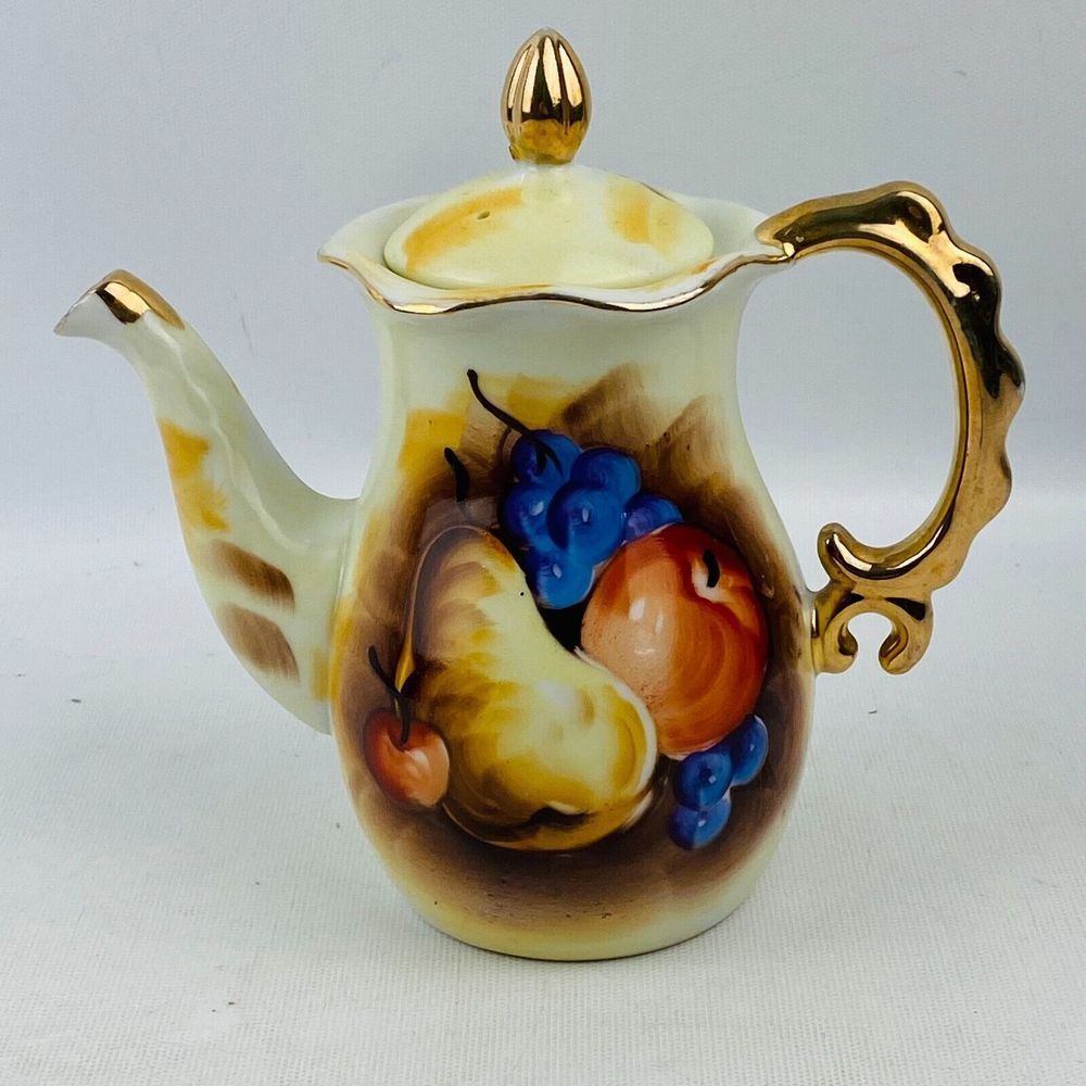 Vtg Enesco Fruit Pattern Teapot Gold Trim Hand Painted E2355‎ Pear Apple Grapes